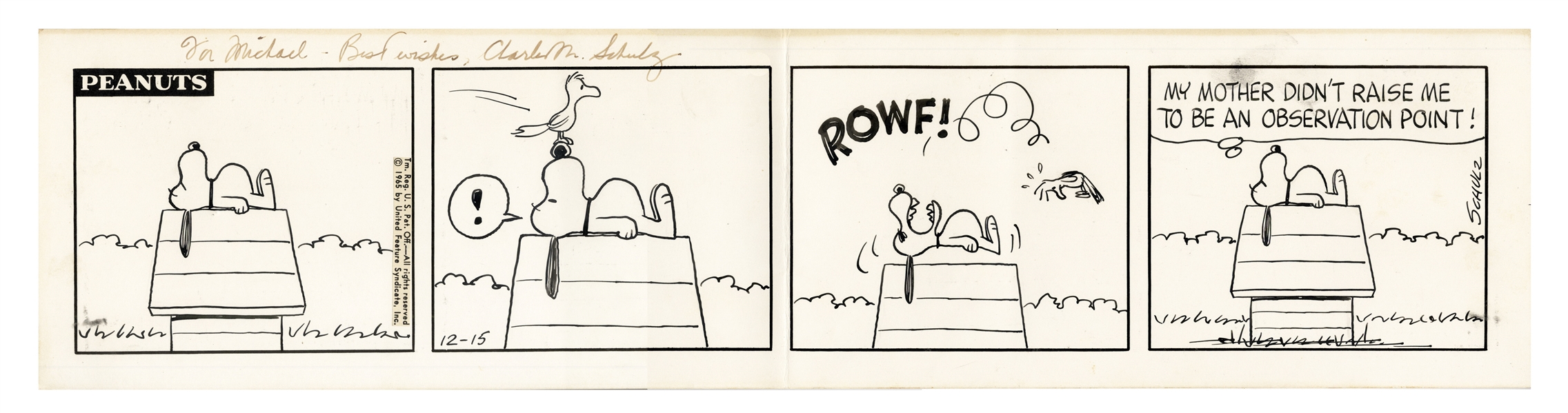 Charles Schulz Hand-Drawn ''Peanuts'' Comic Strip From 1965 -- In This Very Cute Strip, Snoopy Bares Teeth at a Seagull Who Lands on His Nose
